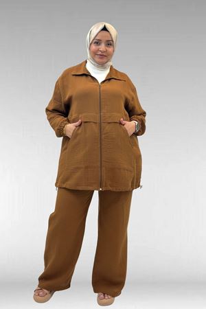 67016 Büyük Beden Kol Ve Etek Ucu Lastik Detaylı Müslin Pantolonlu Takım - Kahve