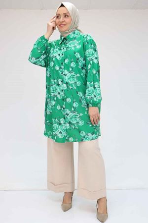 98052 Büyük Beden Erkek Yakalı Jesica Gömlek Tunik - Gül Desen Beneton