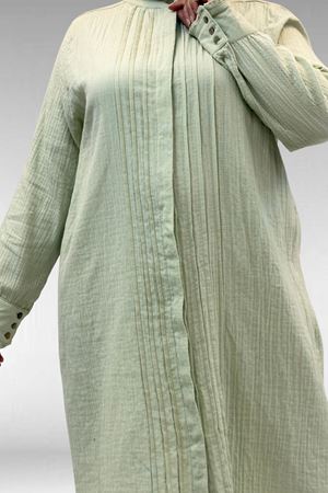 68022 Büyük Beden Boydan Pile Detaylı Müslin Gömlek - Su Yeşili