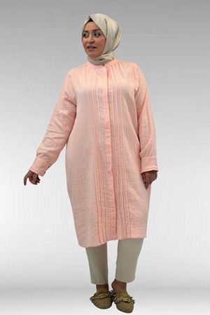 68022 Büyük Beden Boydan Pile Detaylı Müslin Gömlek - Toz Pembe