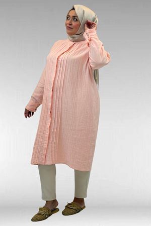 68022 Büyük Beden Boydan Pile Detaylı Müslin Gömlek - Toz Pembe