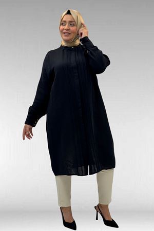 68022 Büyük Beden Boydan Pile Detaylı Müslin Gömlek - Siyah