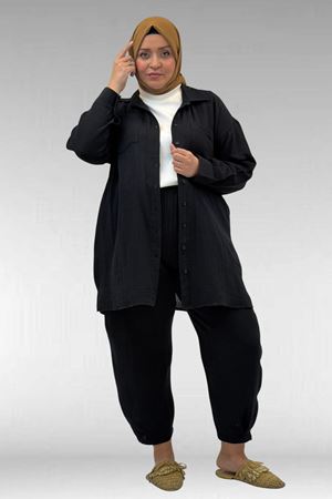 67036 Büyük Beden Cepli Düğmeli Müslin Pantolonlu Takım - Siyah