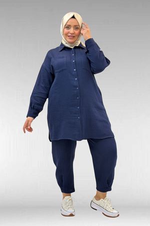67036 Büyük Beden Cepli Düğmeli Müslin Pantolonlu Takım - Lacivert