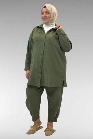 67036 Büyük Beden Cepli Düğmeli Müslin Pantolonlu Takım - Haki
