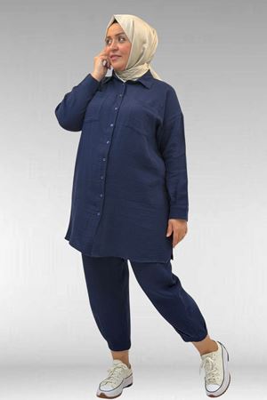 67036 Büyük Beden Cepli Düğmeli Müslin Pantolonlu Takım - Lacivert
