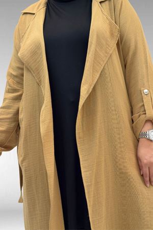 63006  Büyük Beden D Halka Detaylı Müslin Trençkot - Bisküvi