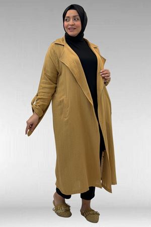 63006  Büyük Beden D Halka Detaylı Müslin Trençkot - Bisküvi
