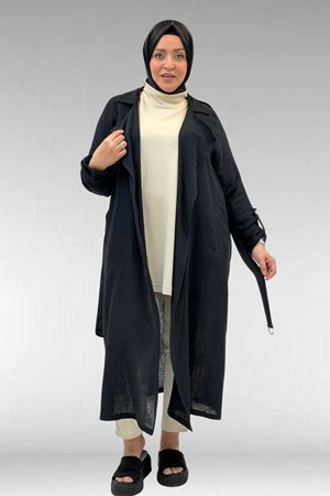 63006  Büyük Beden D Halka Detaylı Müslin Trençkot - Siyah
