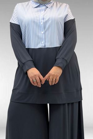 57016  Büyük Beden Erkek Yaka Kombinli Pantolonlu Takım - Antrasit-Mavi