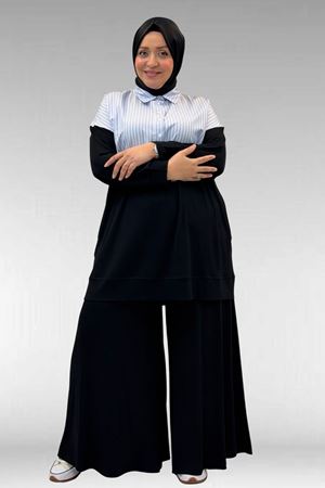 57016 Büyük Beden Erkek Yaka Kombinli Pantolonlu Takım - Siyah-Mavi