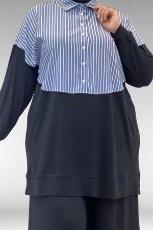 57016  Büyük Beden Erkek Yaka Kombinli Pantolonlu Takım - Siyah-Lacivert