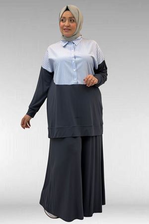 57016  Büyük Beden Erkek Yaka Kombinli Pantolonlu Takım - Antrasit-Mavi