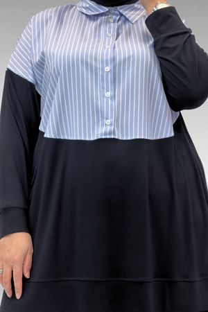 57016 Büyük Beden Erkek Yaka Kombinli Pantolonlu Takım - Siyah-Mavi