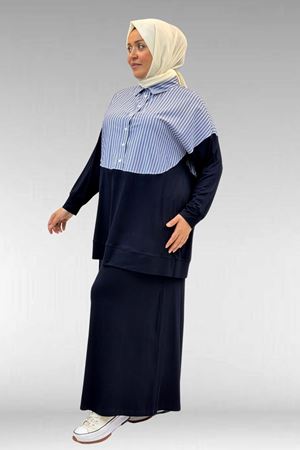 57016  Büyük Beden Erkek Yaka Kombinli Pantolonlu Takım - Lacivert -Lacivert