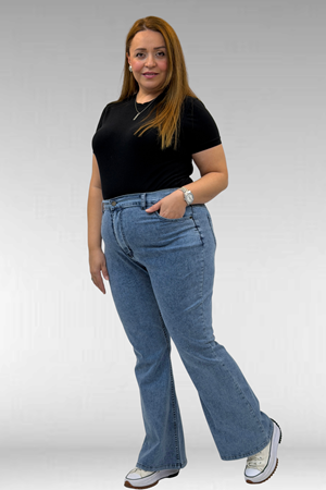 9110-11 Büyük Beden İspanyol Paça Kot Pantolon - Buz Mavi