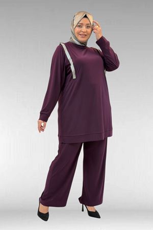 67022 Büyük Beden Omzu Taş Detaylı Sandy Pantolonlu Takım - Mürdüm