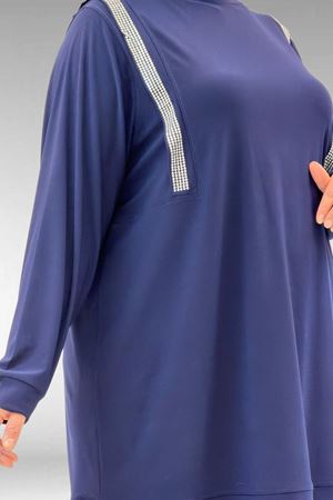 67022 Büyük Beden Omzu Taş Detaylı Sandy Pantolonlu Takım - Lacivert