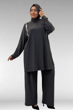67022 Büyük Beden Omzu Taş Detaylı Sandy Pantolonlu Takım - Antrasit
