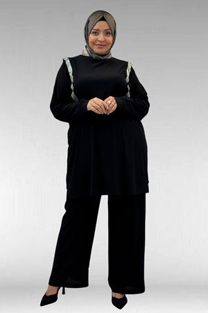 67022 Büyük Beden Omzu Taş Detaylı Sandy Pantolonlu Takım - Siyah