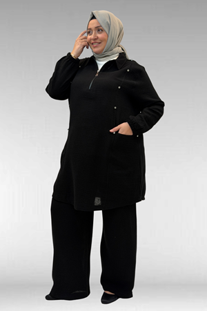 67020 Büyük Beden Yarım Fermuarlı Erkek Yakalı Müslin Pantolonlu Takım - Siyah