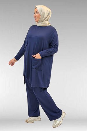 67040 Büyük Beden Cep Kapak Modelli D Halka Detaylı Penye Pantolonlu Takım - Lacivert