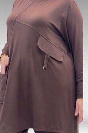 67040 Büyük Beden Cep Kapak Modelli D Halka Detaylı Penye Pantolonlu Takım - Kahve