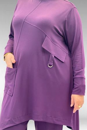 67040 Büyük Beden Cep Kapak Modelli D Halka Detaylı Penye Pantolonlu Takım - Mürdüm