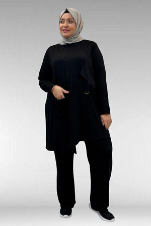 67040 Büyük Beden Cep Kapak Modelli D Halka Detaylı Penye Pantolonlu Takım - Siyah