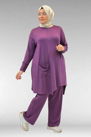 67040 Büyük Beden Cep Kapak Modelli D Halka Detaylı Penye Pantolonlu Takım - Mürdüm