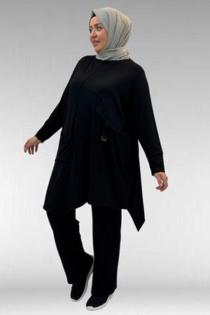 67040 Büyük Beden Cep Kapak Modelli D Halka Detaylı Penye Pantolonlu Takım - Siyah