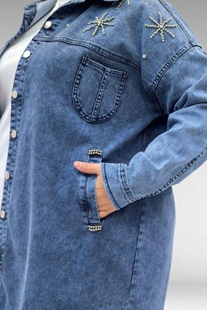 53022 Büyük Beden Yıldız İnci Çakma Detaylı Kot Ceket - Mavi