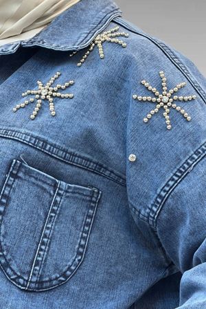 53022 Büyük Beden Yıldız İnci Çakma Detaylı Kot Ceket - Mavi