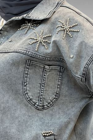 53022 Büyük Beden Yıldız İnci Çakma Detaylı Kot Ceket - Antrasit