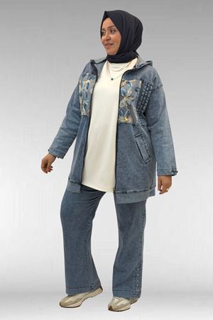 53068 Büyük Beden Bebe Lastik Detaylı Kot Ceket - Mavi