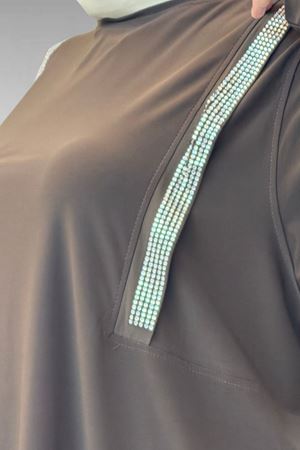 67022 Büyük Beden Omzu Taş Detaylı Sandy Pantolonlu Takım - Kahve