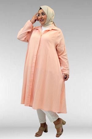 58093-1 Büyük Beden Mevlana Kesim Müslin Gömlek - Toz Pembe