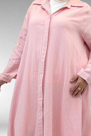 58093-1 Büyük Beden Mevlana Kesim Müslin Gömlek - Şeker Pembesi