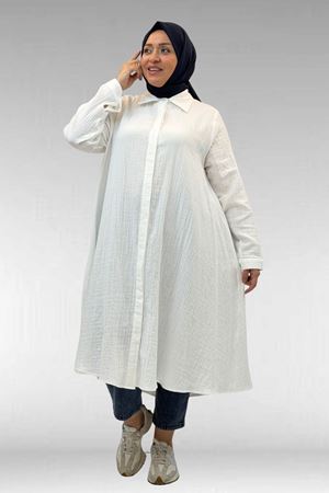 58093-1 Büyük Beden Mevlana Kesim Müslin Gömlek - Ekru