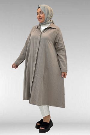 58093-1 Büyük Beden Mevlana Kesim Müslin Gömlek - Vizon