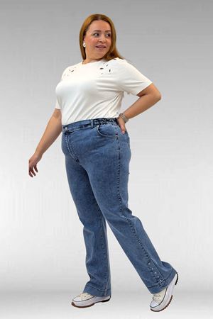 59024 Büyük Beden Paçasında Taş Detaylı Kot Pantolon - Mavi