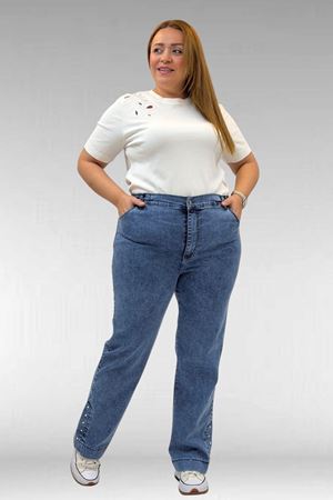 59024 Büyük Beden Paçasında Taş Detaylı Kot Pantolon - Mavi