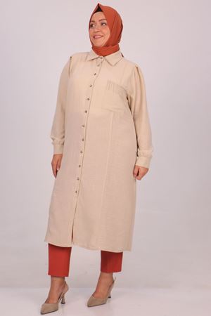 38099 Büyük Beden Cep Detaylı Keten Airobin Gömlek - Taş