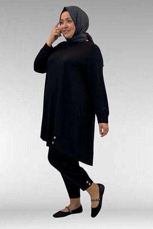 67041 Büyük Beden Düğme Detaylı Penye Pantolonlu Takım - Siyah