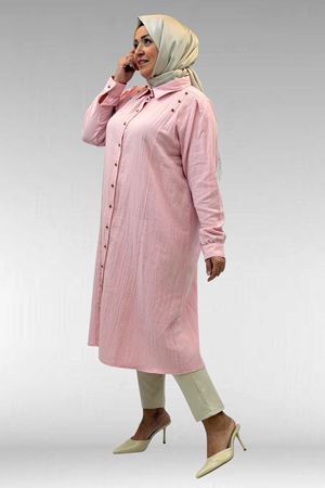 68021 Büyük Beden Düğme Detaylı Müslin Gömlek - Şeker Pembesi