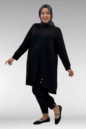 67041 Büyük Beden Düğme Detaylı Penye Pantolonlu Takım - Siyah