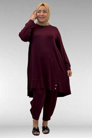 67041 Büyük Beden Düğme Detaylı Penye Pantolonlu Takım - Bordo
