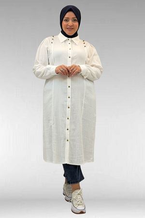 68021 Büyük Beden Düğme Detaylı Müslin Gömlek - Ekru