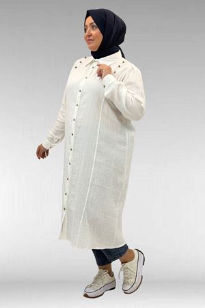 68021 Büyük Beden Düğme Detaylı Müslin Gömlek - Ekru