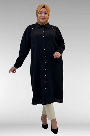 68021 Büyük Beden Düğme Detaylı Müslin Gömlek - Siyah